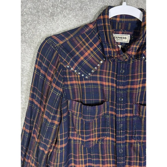 Express Boyfriend Plaid Metallic Long Sleeve Snap Front Shirt Womens Size Small - Picture 7 of 15